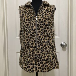 CALVIN KLEIN Sherpa Faux Fur Vest Leopard Print Pockets Full‎ Zip Women's Small